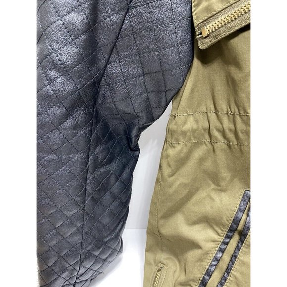 Green Zara Leather and Khaki Winter/Fall Coat Parka L -As is front zipper broken - Picture 6 of 16
